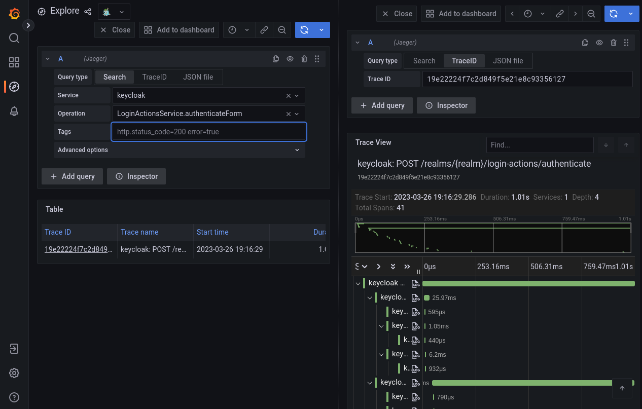 otel grafana search traces